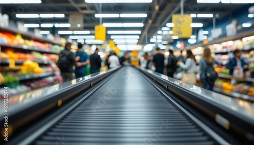 Busy Supermarket Checkout Conveyor Belt Blur of Shopping Crowd