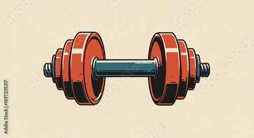 Illustration of a dumbbell with red plates and a blue handle on a neutral background color