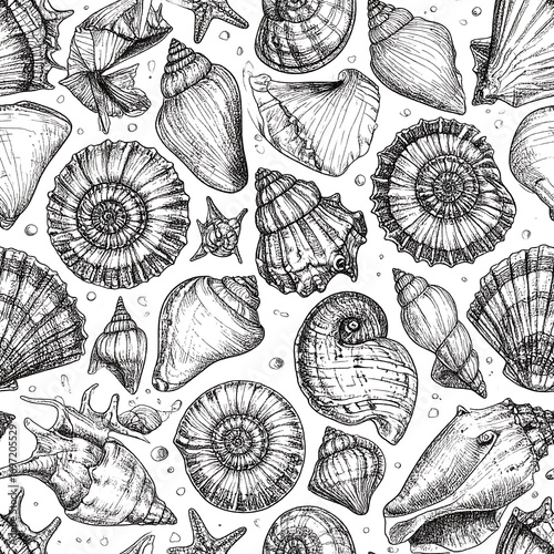 Detailed black and white illustration of various seashells, starfish, and bubbles, creating a seamless pattern