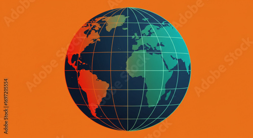 Illustration of a globe with continents and grid lines on an orange background showing earth view