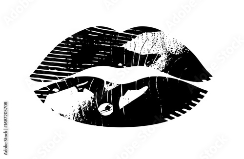 Vector Bold black lips with textured imprint effect.