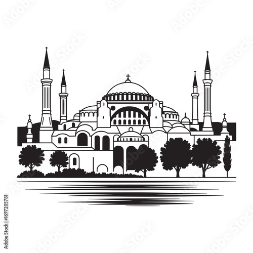 Detailed Silhouette of Hagia Sophia A Historic Architectural Marvel Featuring Minarets Dome and Trees on the Horizon Representing Cultural Heritage