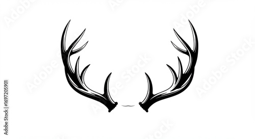 Illustration of two black deer antlers facing upwards on a white background with detailed line work