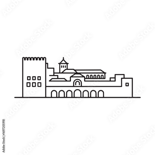 Linear Architectural Illustration of the Alhambra A Detailed Depiction of the Iconic Spanish Landmark with Arches and Geometric Patterns