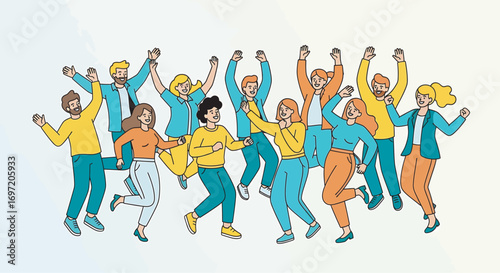 Group of diverse people celebrating success with arms raised in the air, expressing joy and achievement in a modern, minimalist style.
