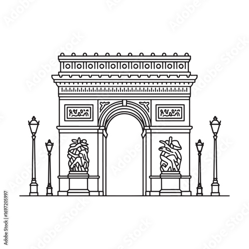 Linear Architectural Drawing of the Arc de Triomphe in Paris with Neoclassical Design Elements and Parisian Street Lamps