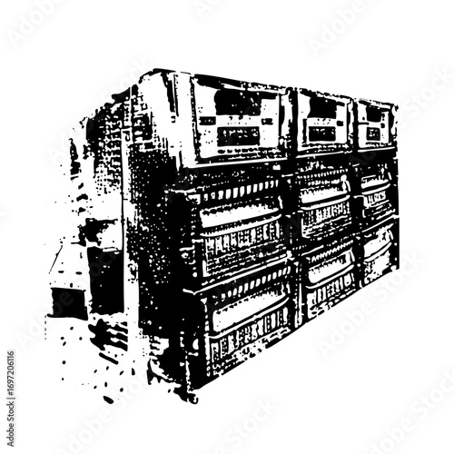 Vector Detailed of a vintage server rack with numerous modules.