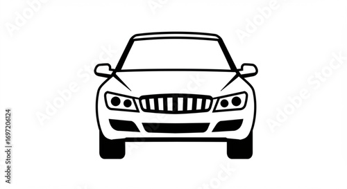 Front view of a car with headlights, grill, and windshield in a black and white line drawing style