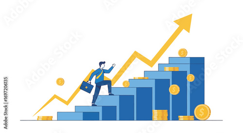Businessman climbs the stairs of success, represented by rising bars and gold coins, symbolizing financial growth and achievement in a competitive business environment.