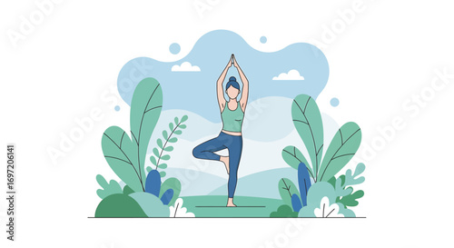 Woman practicing yoga in tree pose outdoors surrounded by lush green plants under a serene blue sky, promoting wellness and mindfulness.