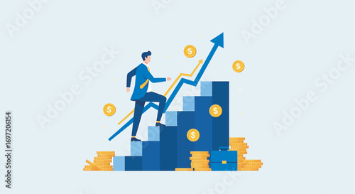 Businessman climbing stairs towards success, guided by a rising arrow and surrounded by gold coins, symbolizing growth and financial achievement.