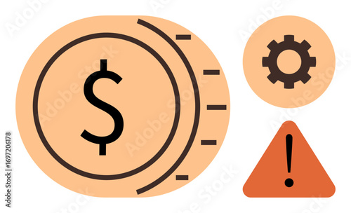 Large coin with dollar sign, gear symbol, and hazard triangle. Ideal for finance, risk management, business strategy, economic caution, investment planning, operations simple flat metaphor