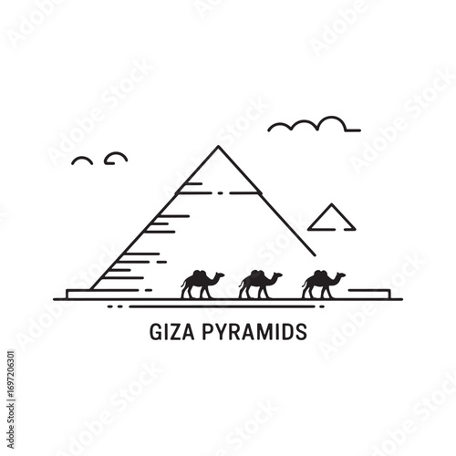 Minimalist Giza Pyramids Illustration with Camels and Desert Landscape Depicted with Simple Black Lines Creating a Travel Icon