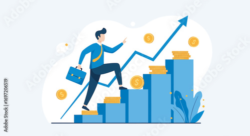 Businessman climbs stairs made of money towards a rising arrow, symbolizing career growth and financial success in a competitive business environment.