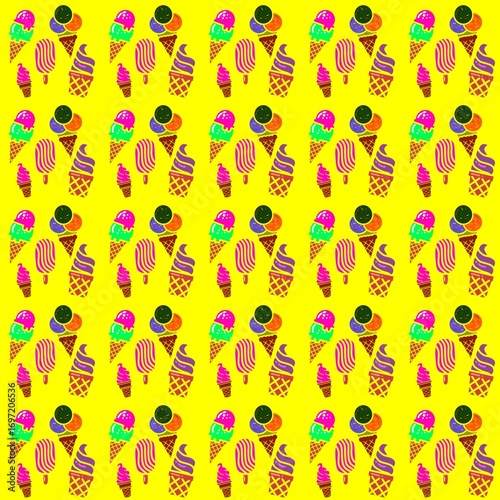 seamless pattern with ice cream theme, Bright, seamless pattern featuring various colorful ice cream illustrations on a yellow background