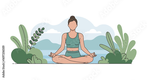 Woman meditating in lotus position outdoors surrounded by lush green plants and mountains in the distance, creating a serene and peaceful atmosphere.