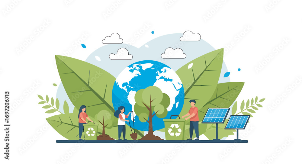 Naklejka premium People planting trees and recycling waste near solar panels, promoting sustainable living and environmental awareness in a clean, green world.