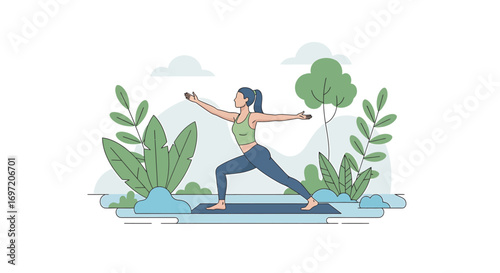 Woman practices warrior pose on yoga mat outdoors surrounded by lush greenery, promoting health and wellness in a serene environment.