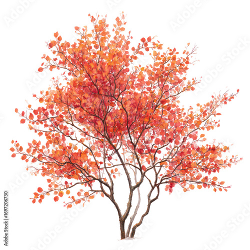 Serviceberry tree with reddish-orange foliage and thin branches on white background