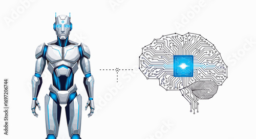 Robot connects with artificial intelligence brain, symbolizing the future of technology and the integration of humanlike intelligence into machines, showcasing innovation.
