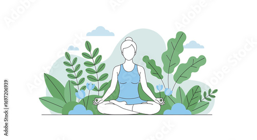 Woman meditating in lotus position surrounded by lush green plants and soft blue accents, promoting wellness and tranquility.
