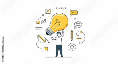 Person holding up a bright lightbulb surrounded by business process elements on a white surface, representing innovation and creative thinking.