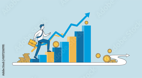 Businessman climbs ascending bar graph towards success on a winding path, symbolizing career growth and financial achievement with determination.