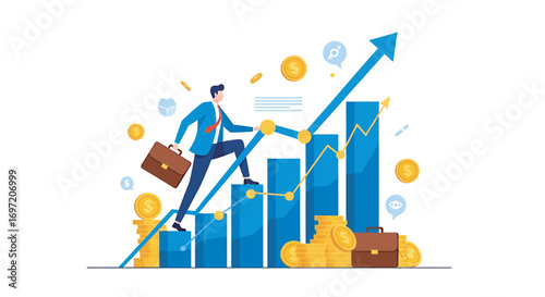 Businessman climbs a financial growth chart with determination, holding a briefcase amidst golden coins, symbolizing success and prosperity.