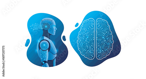 Artificial intelligence concept showing robot and brain connected by digital network on blue and white backdrop, representing future technology and innovation.