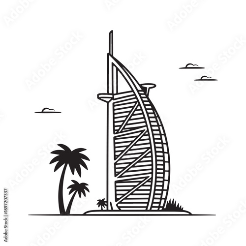 Stylized Black and White Illustration of Burj Al Arab with Palm Trees and Clouds on a White Background