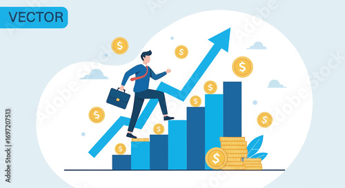 Businessman climbing bar graph steps toward upward arrow representing financial growth and success in a bright, optimistic style.