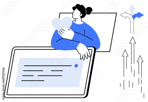 Woman clutching heart next to tablet showing content. Arrows signify direction, progress, decision-making. Ideal for self-care, technology, growth, choices mental health love motivation. Simple