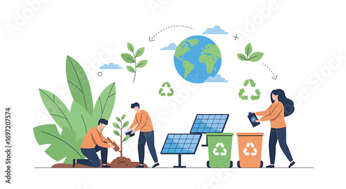 People planting trees, using solar panels, and recycling to protect the earth and promote sustainability for a greener future.