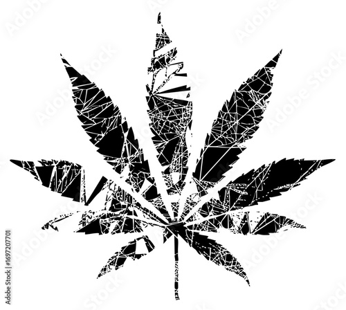 Vector Fractured cannabis leaf in monochrome.