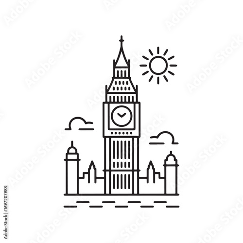 Linear Illustration of Iconic London Landmark Big Ben and the Houses of Parliament with Sunshine and Clouds