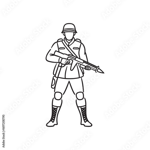 Line Art Illustration of a Soldier in Uniform Holding a Rifle Standing Ready for Action in Black and White