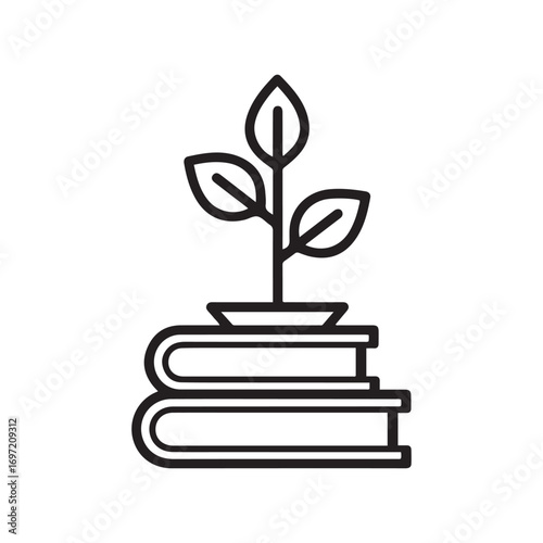 Education Icon Plant Growing on Books, Knowledge Concept Icon