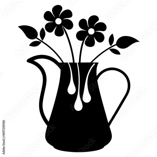Black and white pitcher with flowers vector on white background.