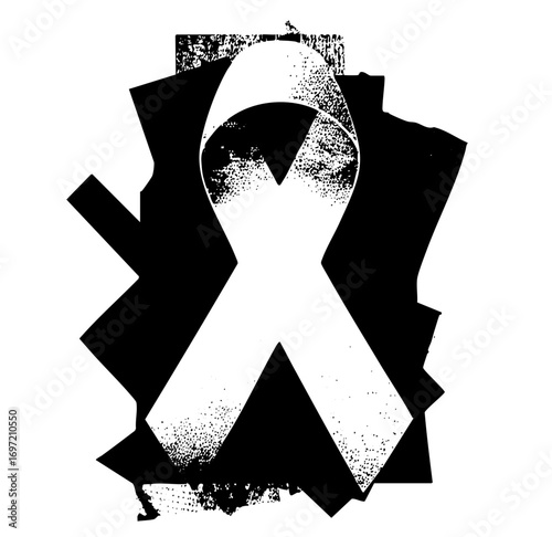 Vector Abstract white ribbon with distressed black shapes.