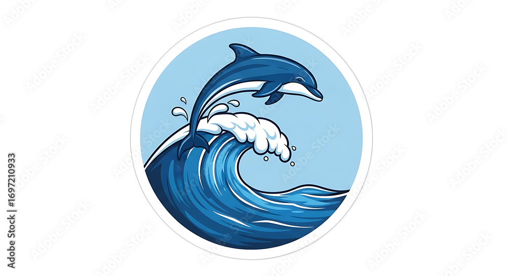 Naklejka premium Joyful dolphin leaps through a cresting ocean wave under a clear blue sky.