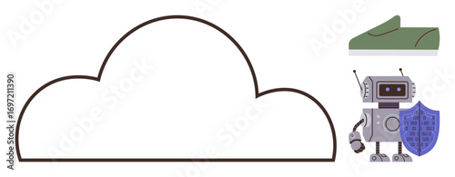 Large cloud outline with a robot holding a shield and a green shoe, symbolizing cloud computing, cybersecurity, innovation, technology, environmental sustainability, protection, and connectivity