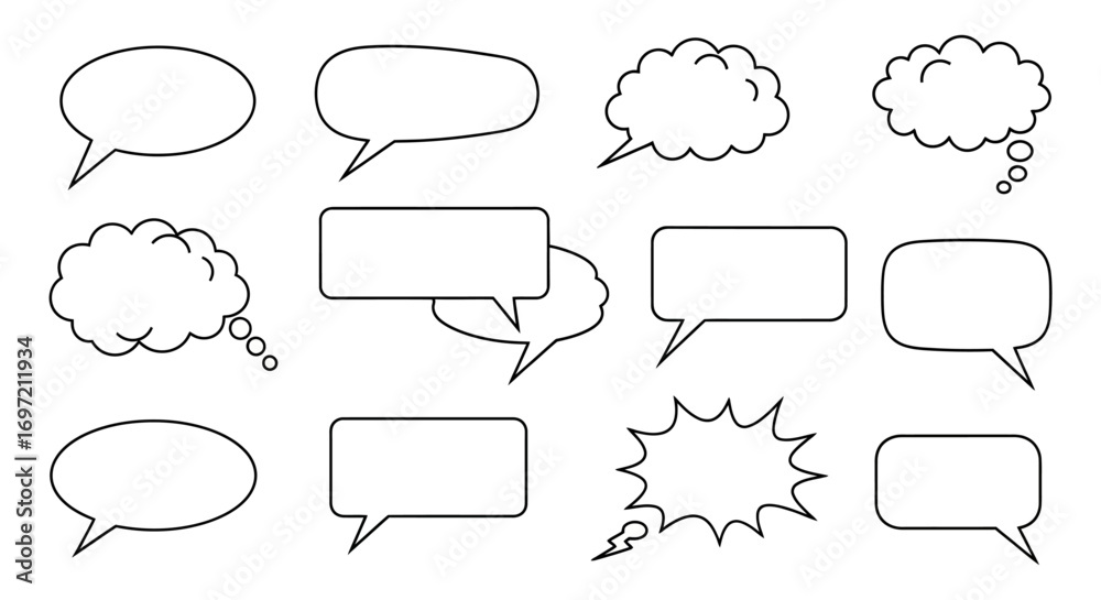 Obraz premium Vector illustration set of empty comic speech bubbles and thought balloons. A collection of diverse shapes for communication and dialogue