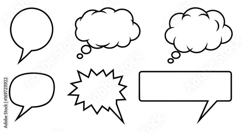 A diverse set of monochrome speech and thought bubbles, including classic oval, cloud, and explosion shapes for communication concepts