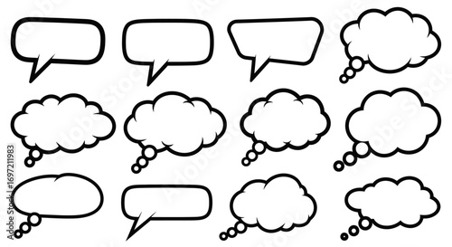 Vector collection of empty communication bubbles. Set of black outline speech and thought balloons for comics and design projects