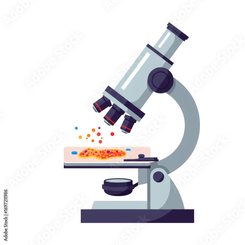 Modern laboratory microscope with colorful biological sample on a glass slide.