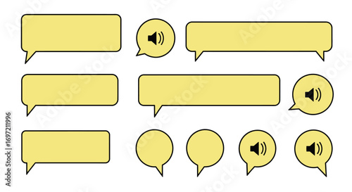 A diverse collection of yellow speech bubbles and audio message icons for user interface design, representing modern digital communication and dialogue