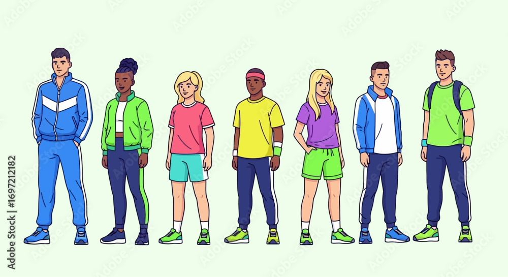 Fototapeta premium Diverse group of young multiracial people in colorful sportswear. Vector illustration of a sports team or fitness community of friends