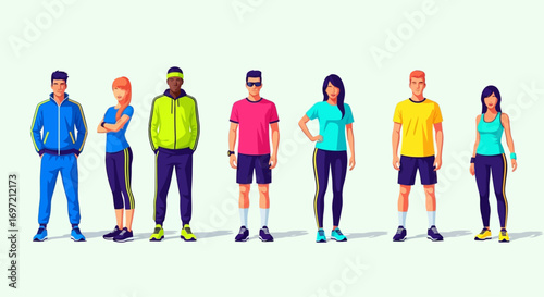 Diverse team of athletes in colorful sportswear. A modern vector illustration of a multiethnic group ready for a workout