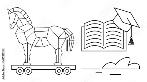 Geometric Trojan horse on wheels, open book with a graduation cap, and minimalist cloud. Ideal for education, wisdom, knowledge transfer, strategy, deception innovation success. Simple flat