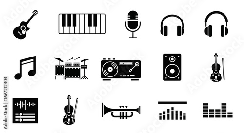 A diverse set of monochrome music icons, including instruments and audio equipment for sound production